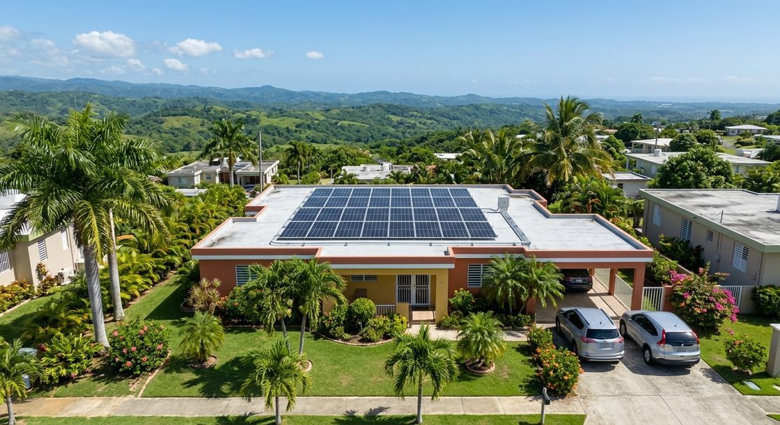 Casa en Puerto Rico con placas solares y respaldo de batería, montañas al fondo